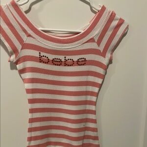Bebe Striped Pink & White Off-Shoulder Knit Top with Studded Logo